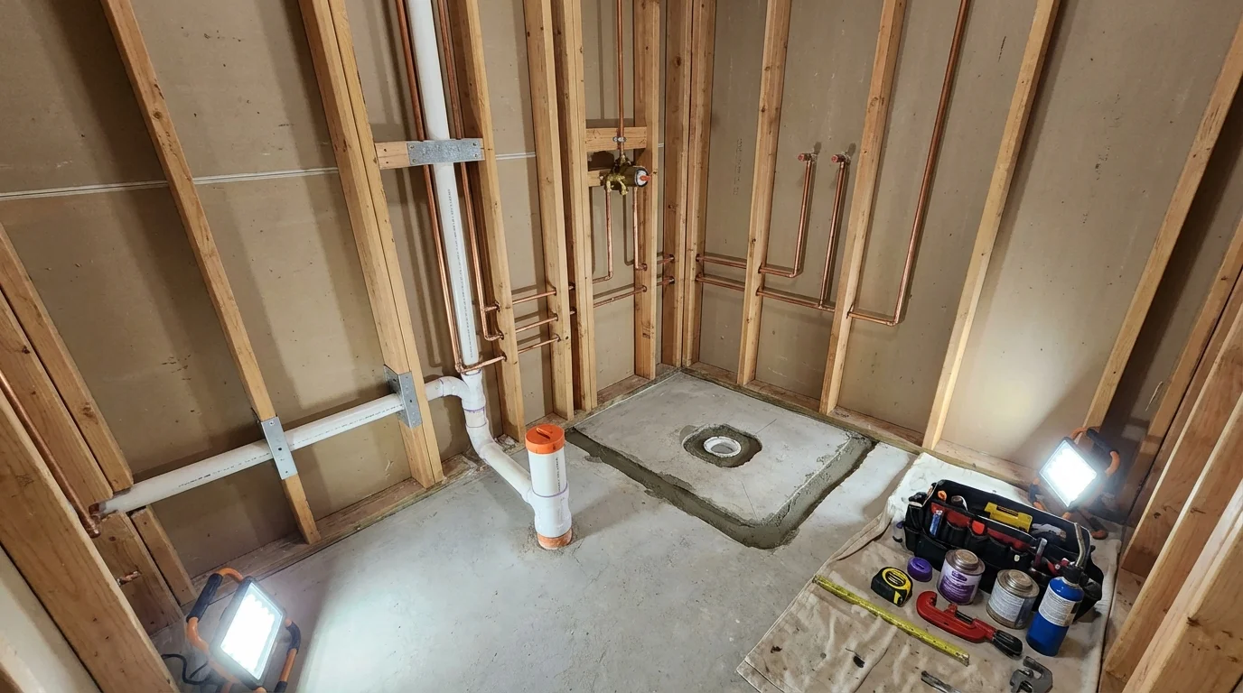 Bathroom rough-in plumbing during remodel by Johns Plumbing LLC in Thornwood