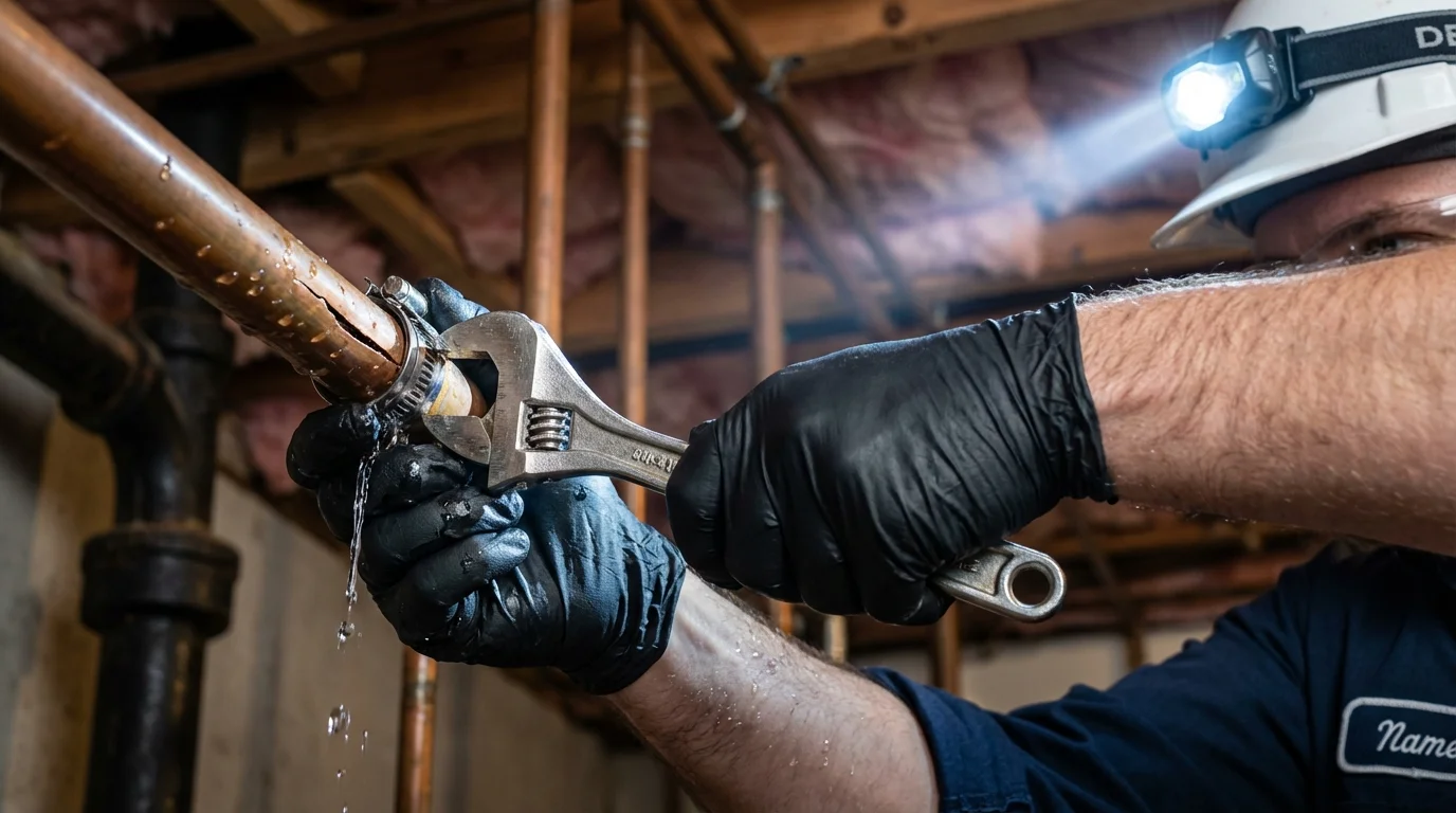 Emergency pipe clamp repair being performed by a Johns Plumbing LLC plumber in Thornwood