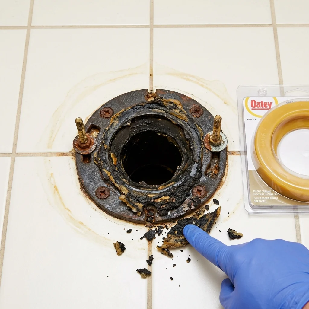 Failed wax ring showing water seepage at the base of a toilet in a Thornwood, NY home