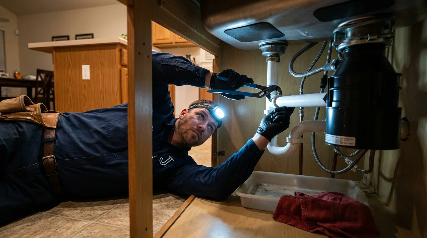P-trap and supply line connections under a kitchen sink showing a common leak point in Thornwood, NY
